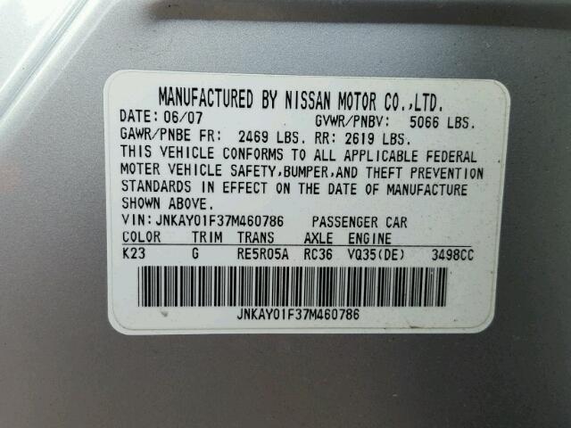 JNKAY01F37M460786 - 2007 INFINITI M35 BASE SILVER photo 10