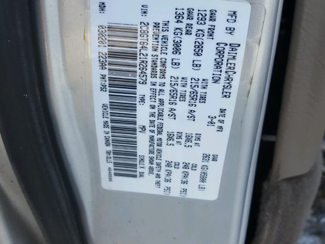 2C8GT64L21R264579 - 2001 CHRYSLER TOWN & COU Gümüş foto 10