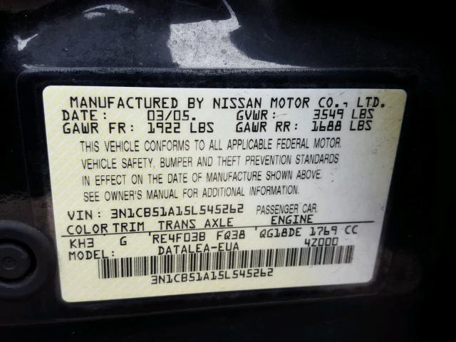 3N1CB51A15L545262 - 2005 NISSAN SENTRA 1.8 BLACK photo 10