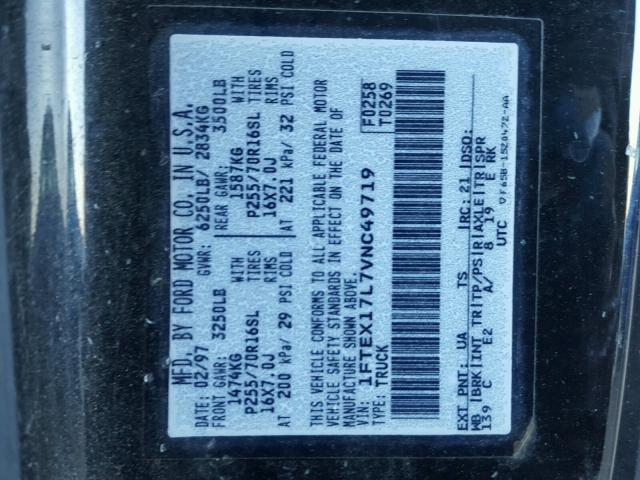 1FTEX17L7VNC49719 - 1997 FORD F150 BLACK photo 10