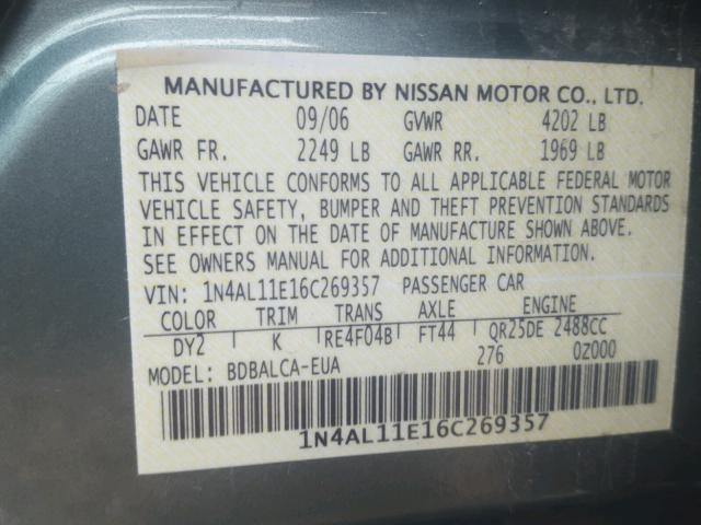 1N4AL11E16C269357 - 2006 NISSAN ALTIMA S GREEN photo 10