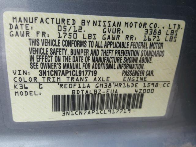 3N1CN7AP1CL917719 - 2012 NISSAN VERSA S GRAY photo 10