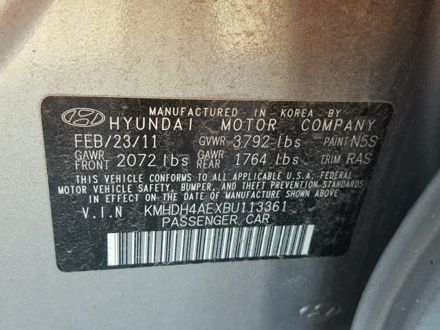 KMHDH4AEXBU113361 - 2011 HYUNDAI ELANTRA GL GRAY photo 10