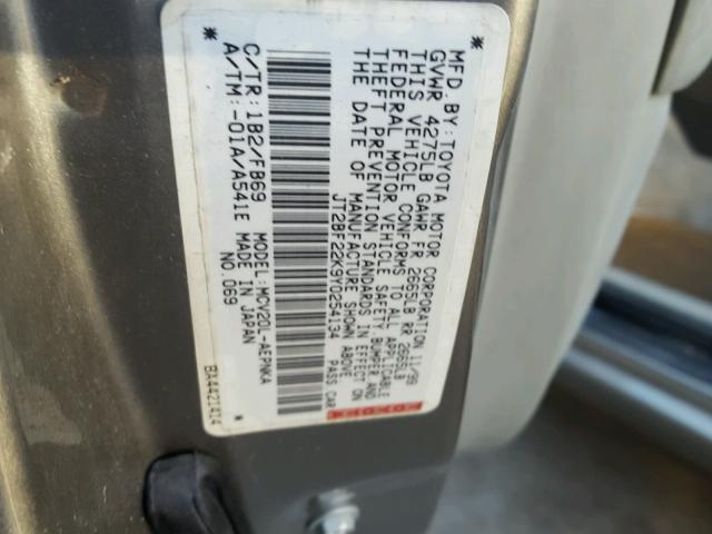 JT2BF22K9Y0254134 - 2000 TOYOTA CAMRY CE GRAY photo 10