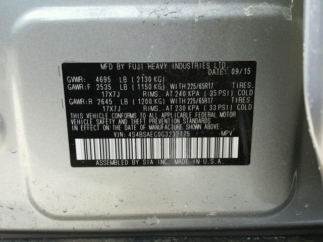 4S4BSAEC0G3232775 - 2016 SUBARU OUTBACK 2. SILVER photo 10