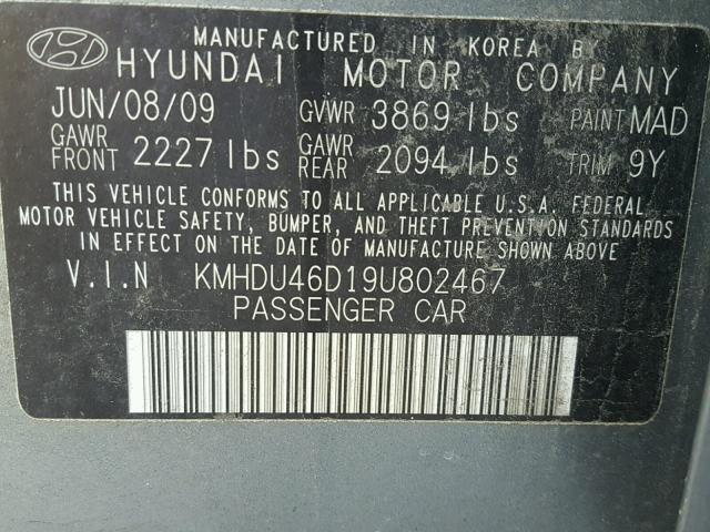 KMHDU46D19U802467 - 2009 HYUNDAI ELANTRA GL GRAY photo 10