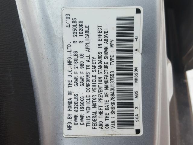 SHSRD78843U137553 - 2003 HONDA CR-V EX SILVER photo 8