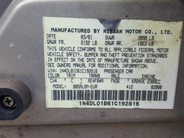 1N4DL01D61C192816 - 2001 NISSAN ALTIMA XE TAN photo 10