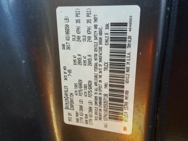 1D7HU18D25S357136 - 2005 DODGE RAM 1500 S GRAY photo 10