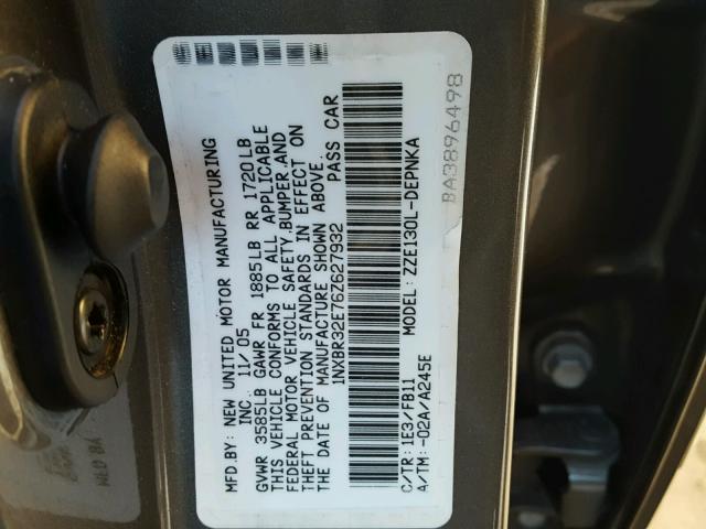 1NXBR32E76Z627932 - 2006 TOYOTA COROLLA CE GRAY photo 10