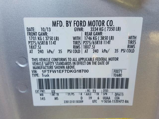 1FTFW1EF7DKG18700 - 2013 FORD F150 SUPER SILVER photo 10