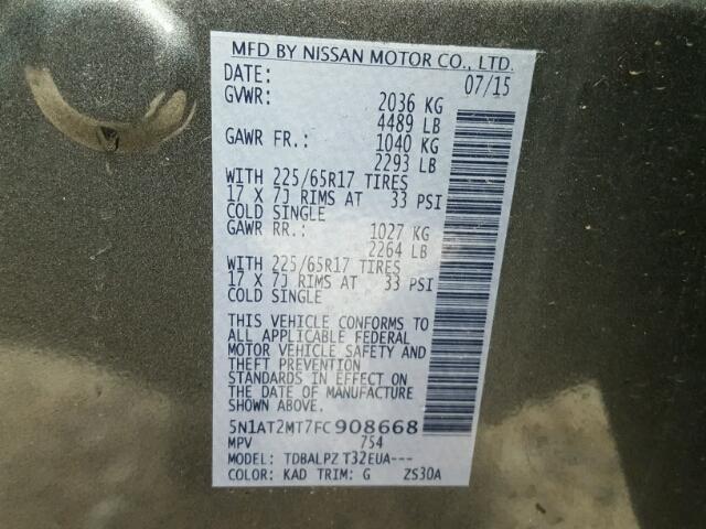 5N1AT2MT7FC908668 - 2015 NISSAN ROGUE S GRAY photo 10