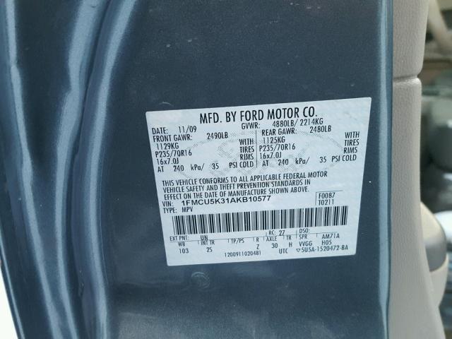 1FMCU5K31AKB10577 - 2010 FORD ESCAPE HYB BLUE photo 10