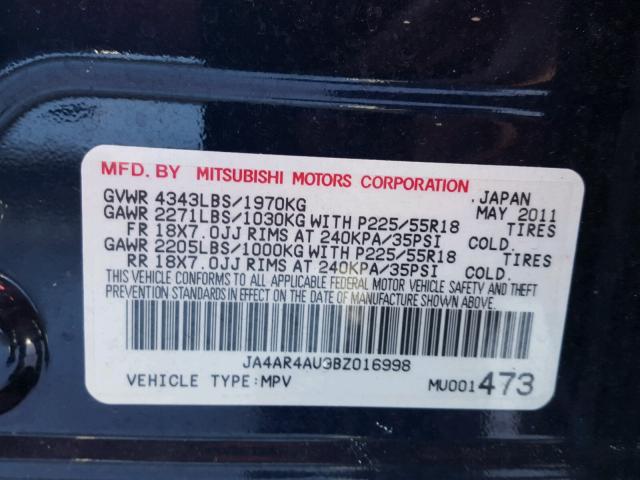 JA4AR4AU9BZ016998 - 2011 MITSUBISHI OUTLANDER BLUE photo 10