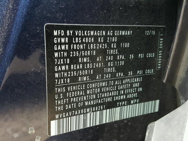 WVGAV7AX6GW568251 - 2016 VOLKSWAGEN TIGUAN S BLUE photo 10