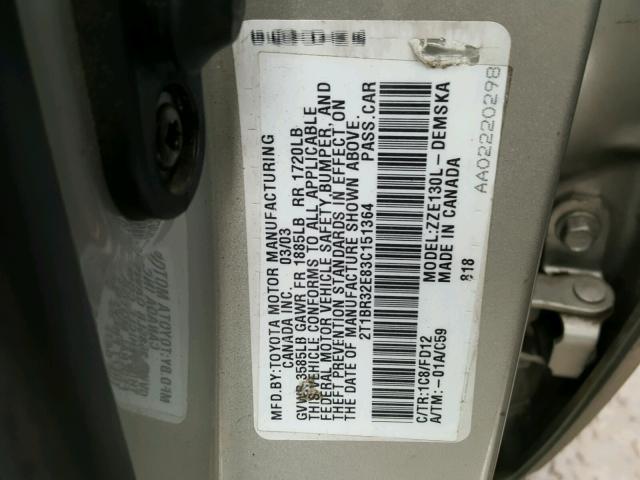 2T1BR32E83C151364 - 2003 TOYOTA COROLLA CE SILVER photo 10