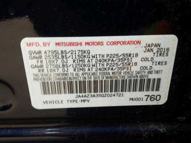 JA4AZ3A35GZ024721 - 2016 MITSUBISHI OUTLANDER BLUE photo 10