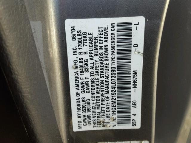 1HGEM21924L073590 - 2004 HONDA CIVIC EX GRAY photo 10