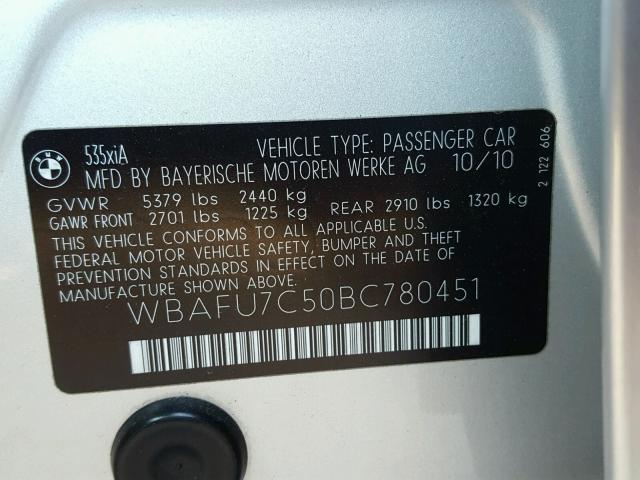 WBAFU7C50BC780451 - 2011 BMW 535 XI SILVER photo 10