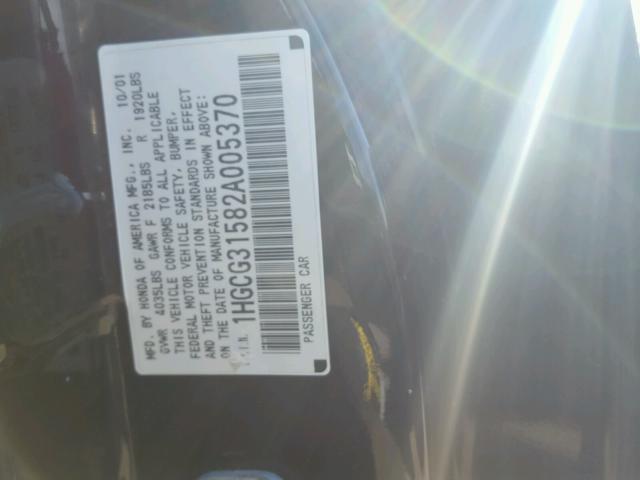 1HGCG31582A005370 - 2002 HONDA ACCORD EX BLACK photo 10