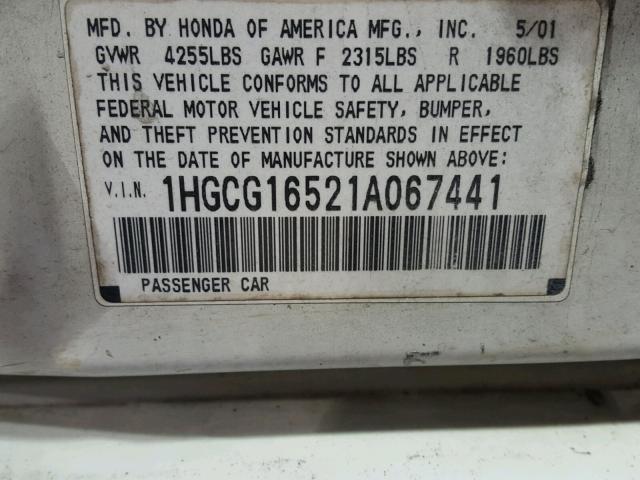 1HGCG16521A067441 - 2001 HONDA ACCORD EX WHITE photo 10