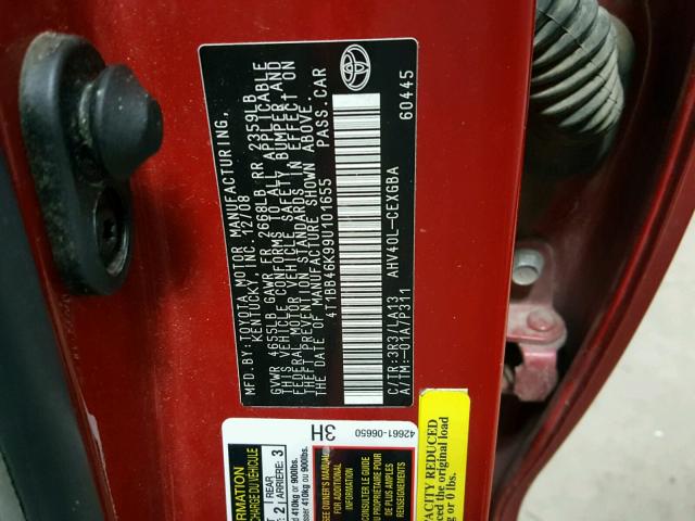 4T1BB46K99U101655 - 2009 TOYOTA CAMRY HYBR RED photo 10