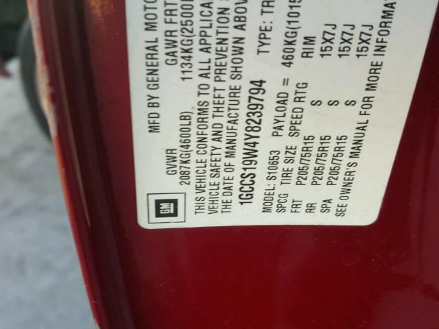 1GCCS19W4Y8239794 - 2000 CHEVROLET S TRUCK S1 RED photo 10