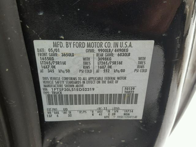 1FTSF30L51ED52319 - 2001 FORD F350 SRW S BLACK photo 10