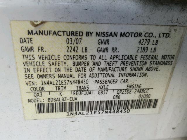 1N4AL21E57N448450 - 2007 NISSAN ALTIMA 2.5 WHITE photo 10