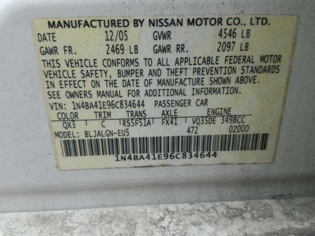 1N4BA41E96C834644 - 2006 NISSAN MAXIMA SE WHITE photo 10