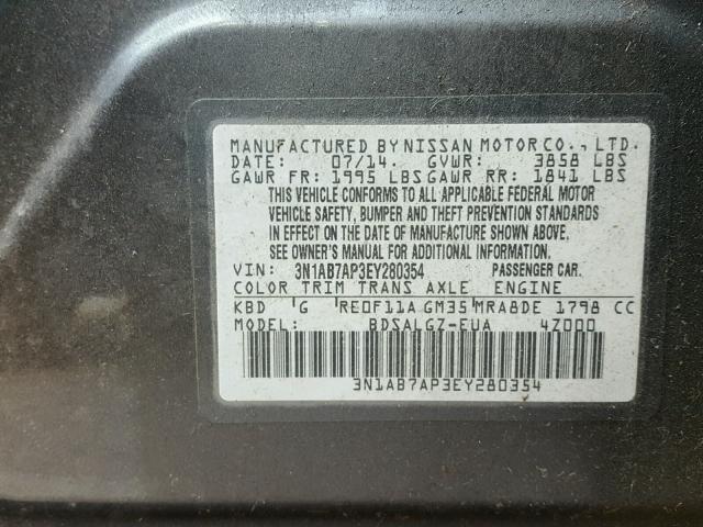 3N1AB7AP3EY280354 - 2014 NISSAN SENTRA S CHARCOAL photo 10