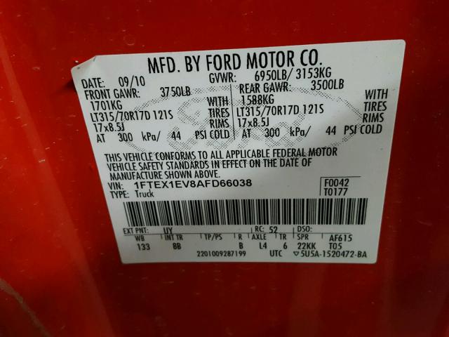 1FTEX1EV8AFD66038 - 2010 FORD F150 SUPER RED photo 10