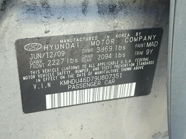 KMHDU46D79U807351 - 2009 HYUNDAI ELANTRA GL GRAY photo 10