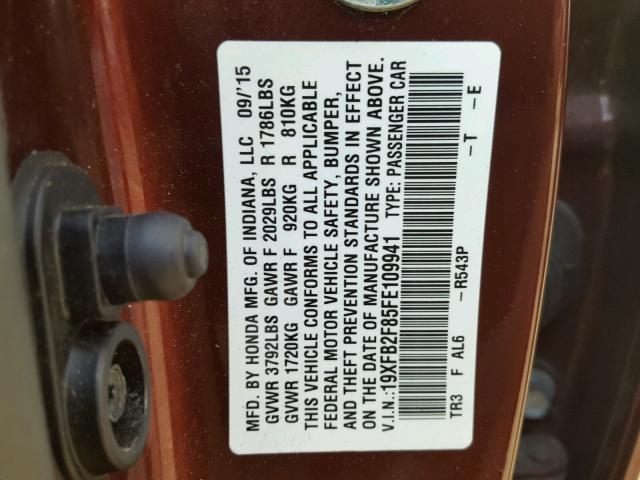 19XFB2F85FE109941 - 2015 HONDA CIVIC EX მუქწითელი ფოტო 10