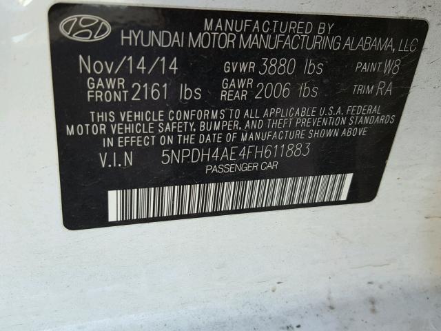 5NPDH4AE4FH611883 - 2015 HYUNDAI ELANTRA SE WHITE photo 10