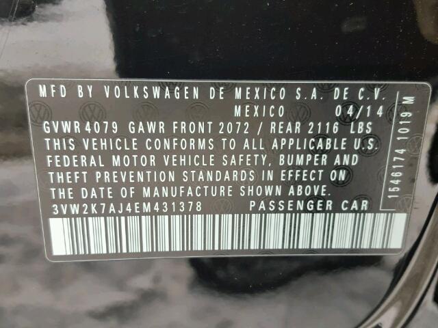 3VW2K7AJ4EM431378 - 2014 VOLKSWAGEN JETTA BASE BLACK photo 10