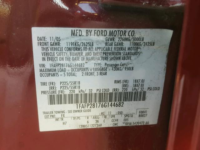 1FAFP28176G144682 - 2006 FORD FIVE HUNDR RED photo 10