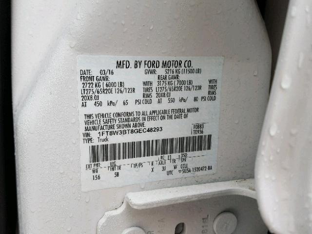 1FT8W3BT8GEC48293 - 2016 FORD F350 SUPER WHITE photo 10