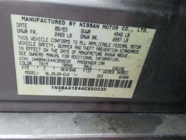 1N4BA41E44C850232 - 2004 NISSAN MAXIMA SE GRAY photo 10