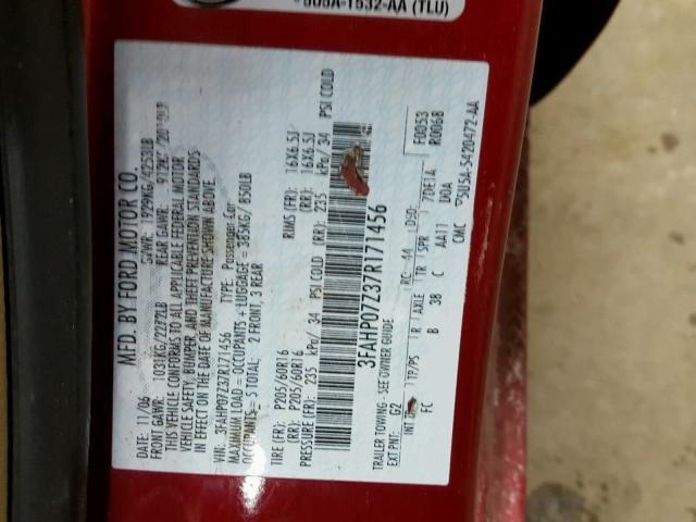 3FAHP07Z37R171456 - 2007 FORD FUSION SE RED photo 10