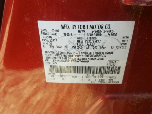 2FMDK49C17BA76685 - 2007 FORD EDGE SEL P MAROON photo 10