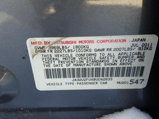 JA32U2FUXBU042835 - 2011 MITSUBISHI LANCER ES/ GRAY photo 10