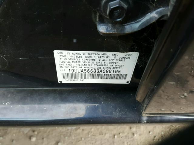 19UUA56683A086195 - 2003 ACURA 3.2TL BLACK photo 10