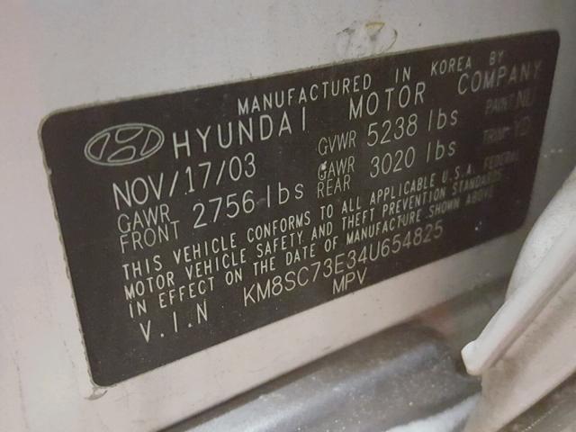 KM8SC73E34U654825 - 2004 HYUNDAI SANTA FE G WHITE photo 10