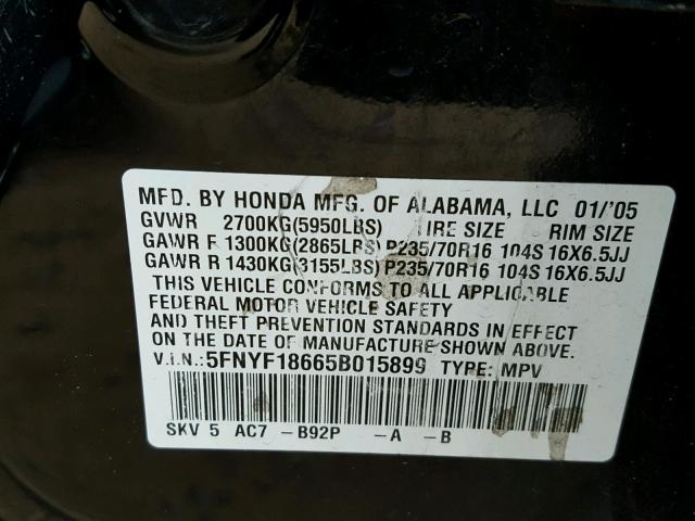 5FNYF18665B015899 - 2005 HONDA PILOT EXL BLACK photo 10