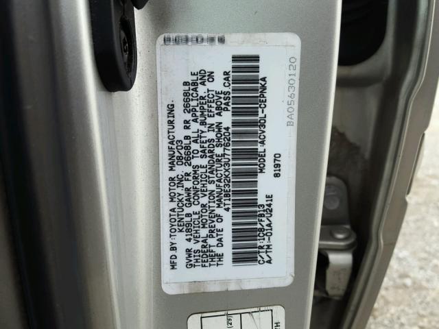 4T1BE32KX3U776204 - 2003 TOYOTA CAMRY LE SILVER photo 10