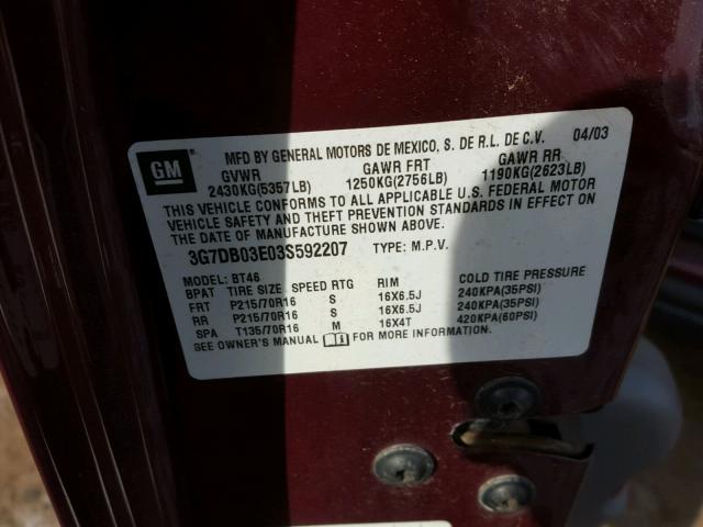 3G7DB03E03S592207 - 2003 PONTIAC AZTEK BURGUNDY photo 10