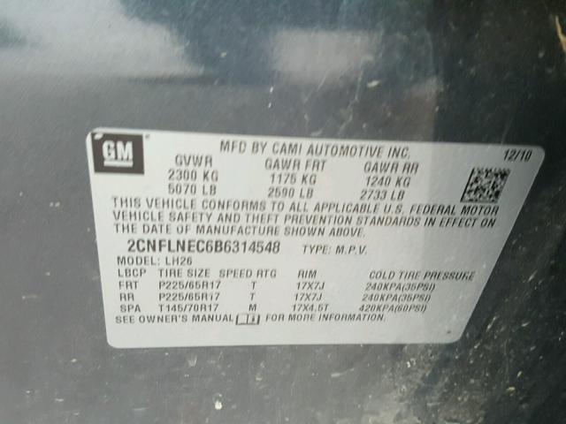 2CNFLNEC6B6314548 - 2011 CHEVROLET EQUINOX LT GRAY photo 10