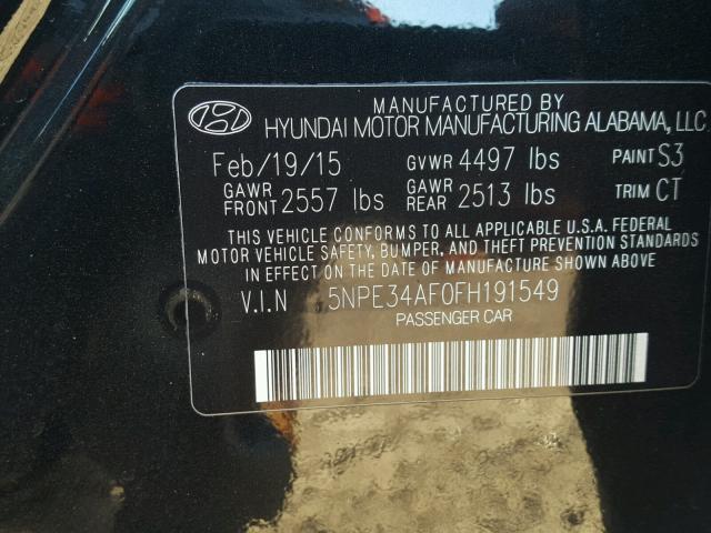 5NPE34AF0FH191549 - 2015 HYUNDAI SONATA SPO BLACK photo 10