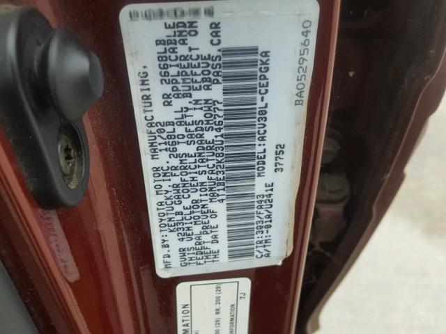 4T1BE32K83U146777 - 2003 TOYOTA CAMRY LE RED photo 10